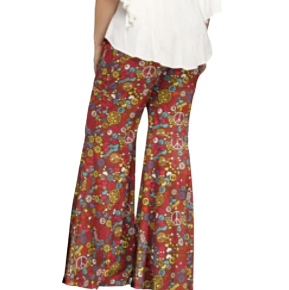 2 Pair Bell Bottom Hippie Pants Women's Floral And Peach Sign Flare Pants - Picture 4 of 11